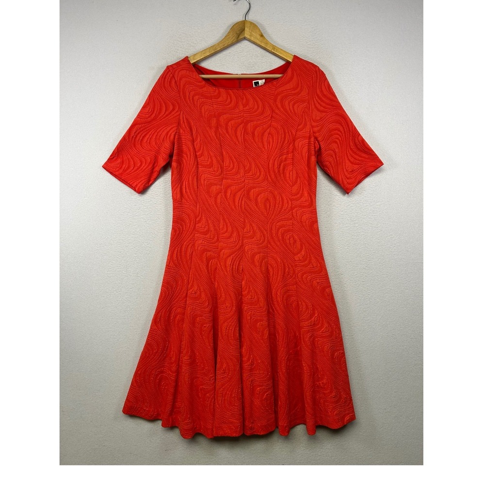 Classic Julian Taylor Women 12 Red Swirl Jacquard Fit & Flare Short Sleeve Dress